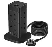 hotimy 3M Tower Extension Lead with USB Slots, 13A 8 Way Extension Lead Surge Protection with 2 Type C & 2 USB Ports, Multi Plug Extension Lead Tower Black 3 Meters Extension Cord for Home, Office