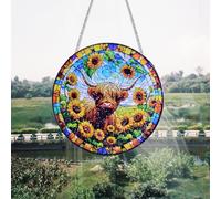 HOTIYOK Cow Sunflower Stained Glass Window Hanging Wall Art with Butterflies Glass Suncatcher for Indoor Kitchen Decorations, Gifts for Women Grandma Teacher Animal Lovers