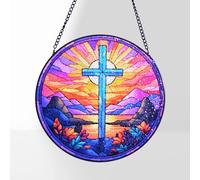 HOTIYOK Stained Glass Cross Round Mountain Sunset Design Glass Window Hanging for Kitchen Indoor Decorations Gifts for Women Grandma Teacher Nature Lovers