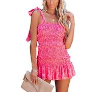 Hotmiss Womens Ruffle Smocked Mini Dress Sleeveless Floral Print Summer Tiered Tie Slim Fit Short Dresses, Red, M