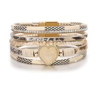 hotoo Heart Leather Wrap Bracelet for Women Khaki Beaded Cuff Bangle Bohemian Rhinestone Bracelet Trendy Resin Stone Jewelry with Clasp Boho Leather Bracelet for Women Birthday Holiday Gifts