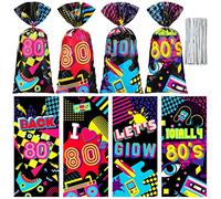 Hotop 100 Pcs 1980s Gift Treat Goodie Candy Party Cellophane Bag with 150 Ties Back to the 1980s I Love the 80s Retro Themed Bag for Hip Hop Throwback Birthday Party Decorations Supplies