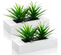 Hotop 2 Pcs Artificial Green Grass Plants in Wood Decorative Planter Pot Wooden Faux Greenery Rectangle Box Table Plant for Tabletop Centerpiece Indoor Decor(9.5 Inch,White)