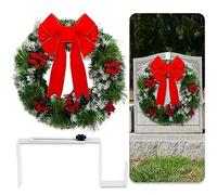 Hotop 2 Pcs Christmas Headstone Wreath Hanger Set for Cemetery with Christmas Memorial Wreath for Grave Red Bowknot Natural Pine Cones Red Berries Wreath for Grave Marker Gravestone Decorations