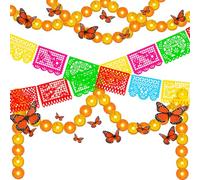 Hotop 23 Pcs Day of The Dead Decor 2 Marigold Garland Total 9.84 ft 20 Lighted Artificial Flowers 12 Butterfly 9 Mexican Party Banner for Dia De Los Muertos Altar Diwali Decor(Yellow Orange)
