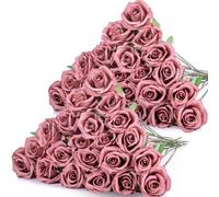 Hotop 40 Pcs Rose Artificial Flowers Bulk with Long Stem,Realistic Silk Fake Roses Bouquet for Home Wedding Centerpieces Party Table Decoration Valentines Gifts(Dusty)