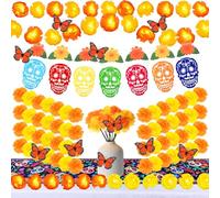 Hotop 46 Pcs Day of The Dead Decor Marigold Garland String Light, Artificial Marigold Flowers, Mexican Banners, Dia De Los Muertos Table Runner, Monarch Butterfly for Fiesta Party (Orange and Yellow)