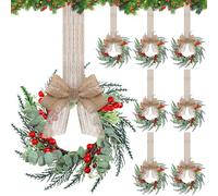 Hotop 8 Set Mini Christmas Wreaths for Cabinet Small Christmas Wreaths with Burlap Ribbon for Kitchen Farmhouse Decoration Artificial Hanging Ring Garland for Front Door Porch Wall Window Decoration