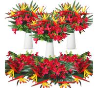 Hotop Artificial Tropical Flower Bouquets Bulk for Hawaii Centerpieces Bird of Paradise Lily Bouquet Permanent Flower Tropical Plant Party Office Home Decor(Rose Red,4 Set/ 16 Pcs)