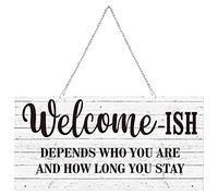 Hotop Funny Christmas Welcome Front Door Sign Welcome-ish Hanging Sign 12 x 6 Inch, Rustic Wall Farmhouse Door Decor for Home Porch Entryway Decor(Black Words with White Base)