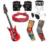 HotoPink 8 Pcs Rock Gothic Costume Set, Heavy Rock Star Accessories with Retro Sunglasses Gloves Bandana Bracelet Inflatable Guitar for Women Men Adult Disco Party Cosplay Festivals (red&black)