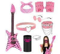 HotoPink 8 Pcs Rock Gothic Costume Set, Heavy Rock Star Set, Punk Accessories with Retro Sunglasses Gloves Bandana Bracelet Inflatable Guitar for Women Men Adult Disco Party Cosplay Festivals