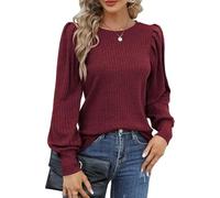 Hotouch Blouse Women's Elegant Crew Neck Top with Puff Sleeves Thin Pullover Spring Autumn Plain Slip Blouse Casual Tunic Tops Long Sleeve S-XXL, Red-wine, L