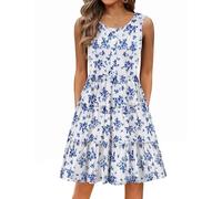 HOTOUCH Dress Women Elegant Tunic Dress Round Neck Casual Ladies Dresses with Pockets Midi Sleeveless A Line Classic Midi Dress Maxi Party Blue Floral L