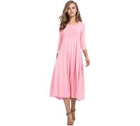 HOTOUCH Dress Women Midi Ladies Dresses Elegant Round Neck Casual 3/4 Sleeve A Line Classic Mididress with Pockets Maxi Party Fall Pink S