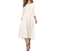 HOTOUCH Dress Women Midi Ladies Dresses Elegant Round Neck Casual 3/4 Sleeve A Line Tunic Classic Mididress with Pockets Maxi Party Fall White XL