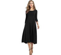 HOTOUCH Dress Women Midi Ladies Dresses Elegant Round Neck Casual 3/4 Sleeve A Line Tunic Mididress Pockets Maxi for Party Black S