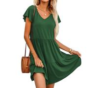 HOTOUCH Dress Women's Summer V Neck Short Sleeve Dresses Casual Ruffle Tiered Dress A-Line Beach Party Sundress with Pockets Light Green M