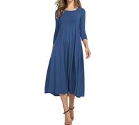 HOTOUCH Elegant Tunic Dress - Ladies Midi Dress with Pockets - Round Neck, 3/4 Sleeve, A Line, Classic, Maxi, Party, Winter Blue, XL