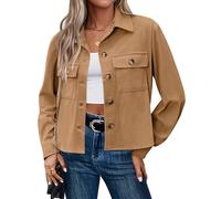 HOTOUCH Ladies Jacket Cropped Corduroy Shacket Button Down Winter Jackets Womens Light Weight Bomber Jacket Long Sleeve Coat Tops Khaki Size 12