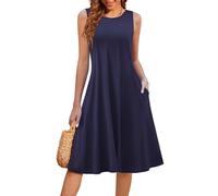 Hotouch Summer Dress Women's Elegant Round Neck Midi Dress Sleeveless A-line Floral Dress Casual Jersey Dress Pleated Beach Dress with Pockets S-XXL, navy blue, M