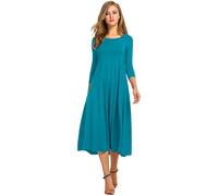HOTOUCH Women Midi Dresses Elegant 3/4 Sleeve Tunic Dresses A Line Summer Dress Solid Round Neck Dresses with Pockets Jade Green S