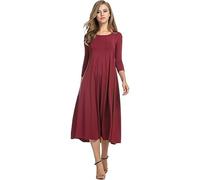 HOTOUCH Women Midi Dresses Elegant 3/4 Sleeve Tunic Dresses A Line Summer Dress Solid Round Neck Dresses with Pockets S-3XL