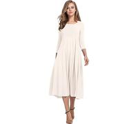 HOTOUCH Women Midi Dresses Elegant 3/4 Sleeve Tunic Dresses A Line Summer Dress Solid Round Neck Dresses with Pockets S-3XL