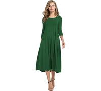 HOTOUCH Women Midi Dresses Elegant 3/4 Sleeve Tunic Dresses A Line Summer Dress Solid Round Neck Dresses with Pockets S-3XL
