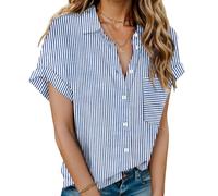 HOTOUCH Women Shirts Casual Short Sleeve Blouses V Neck Collared Shirts Button Down Shirts Summer Blouse Tops Solid Color Shirts Top Blue Stripe XL