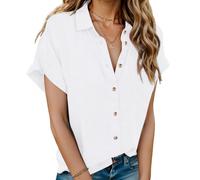 HOTOUCH Womens Blouse Cotton Shirt Short Sleeve Formal Work Ladies Office Shirt Basic Fitted Shirts Button Placket Tops White XL