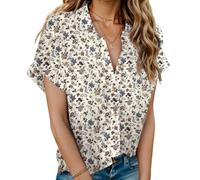 HOTOUCH Women's Casual Short Sleeve Blouses V-Neck Collared Button Down Shirts Summer Blouse Tops Solid Color 3XL Floral
