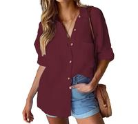 HOTOUCH Womens Casual Tunic Blouse V Neck Rolled Up Sleeve Cotton Elegant Plain Loose Button Down Shirts Polo Tops Wine Red L