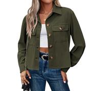 HOTOUCH Womens Corduroy Jacket Cropped Shacket Long Sleeve Button Down Winter Jackets Ladies Fashion Crop Coat Outwear Army Green Size 10