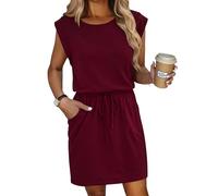 HOTOUCH Womens Dresses Summer Crew Neck Sleeveless Dress Casual Drawstring Waist Sundress Wine Red XXL