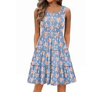 HOTOUCH Women's Elegant Floral Print A-Line Midi Dress with Pockets, Sleeveless, Round Neck, Blue Rose, XL