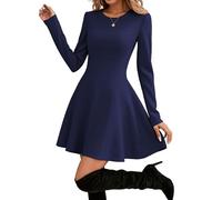 HOTOUCH Womens Fall Dress Long Sleeve Flare A-Line Cocktail Dress Solid Plaid Print Casual Formal Mini Dresses for Party Navy Blue