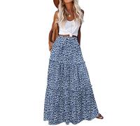 HOTOUCH Women's Skirts Elegant Maxi Skirt Elastic High Waist Long Skirt with Pockets Casual Summer A Line Skirts for Women UK Boho Holiday Beach Skirt Floral Tiny Blue White S