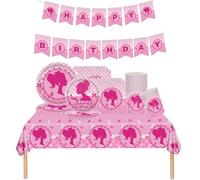 Hotpink Girls Party Tableware Set, 70pc Pink Princess Theme Napkins, Plates, Cups, Tablecloth and Banner Set for Girls Birthday, Baby Shower, Wedding, Barbie Theme Party Decorations