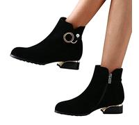 HOTRA Ankle Boots with Suede Chunky Heel Charm Pearl Side Zipper Booties Dressy Pump Mid Calf Short Boots for Christmas Decor (Color : Black with Plush, Size : 6 UK)