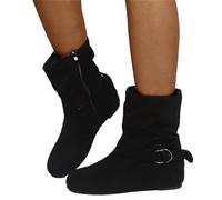 HOTRA Suede Belt Buckle Ankle Boots for Women Casual Round Toe Wedge Mid Calf Boot Retro Zipper Short Boots (Color : Black, Size : 7.5 UK)