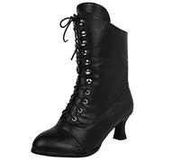 HOTRA Womens Mid Calf Boots Gothic Lace Up Leather Zipper Shoes Round Toe Knight Boots Witch Boot (Color : Black, Size : 3.5 UK)