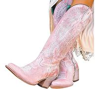 HOTRA Women's Over the Knee Thigh High Chunky Heel Boots Embroidered Western Cowboy Exotic Boots Pink Sexy Motorcycle Boots (Size : 4.5 UK)