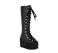 HOTRA Womens Platform Wedges Knee High Boots Gothic Round Toe Lace-up Combat Boot Punk Motorcyle Boots (Color : Black Matte, Size : 6.5 UK)
