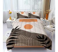 HOTRCR 3pcs Abstract Geometric Orange Sun & Leaves Duvet Set, Boho Chic Bedding Set for Girls and Adults, Bedroom or Room Decor, All Seasons Microfiber Quilt with 2 Pillowcases(King 220 * 256cm