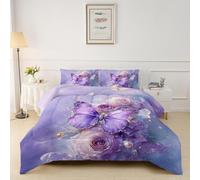 HOTRCR 3pcs Lavender Purple Butterfly Roses Duvet Set, Floral Bedding Set for Girls and Adults, Bedroom or Room Decor, All Seasons Microfiber Quilt with 2 Pillowcases for Gifts(King 220 * 230 cm