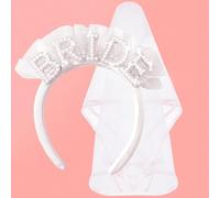 Hotry Elegant Bride Headband Set With Veil - Stylish Bride Crown With Pearls - Crystal White Veil 22 inch - Bachelorette Party Accessories - 2 pcs
