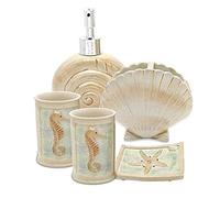 HotSan bathroom accessory Set, 5 PCS Beach Seashells Ensemble Set Includs Soap Dispenser, Soap Dish, Tumble, Toothbrush Holder - Ivory Polyresin Set for Man, Woman, Kids