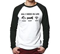 HotScamp All I Need in Life Food Sleep WiFi - Men Baseball Top - Funny Millennial Teenager Gamer Lazy S White/Black