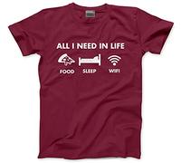 HotScamp All I Need in Life Food Sleep WiFi Mens and Childrens Unisex T-Shirt (L, Maroon)